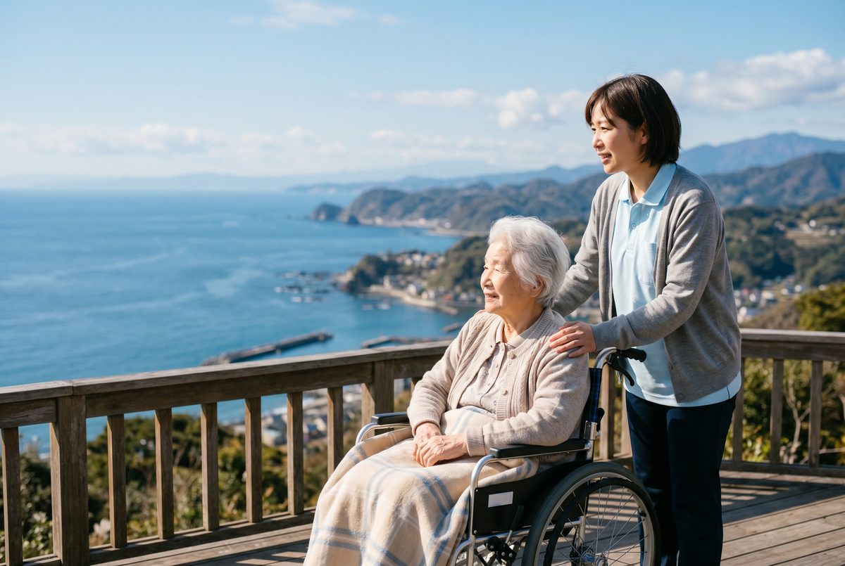 看護師が付き添い、車椅子で海辺の景色を眺める高齢女性