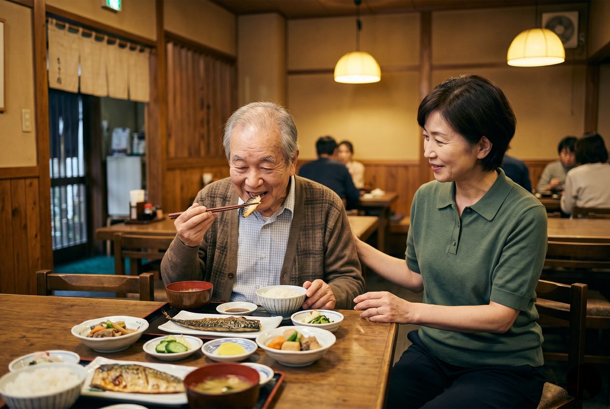 和食店で食事を楽しむ高齢男性に付き添う看護師