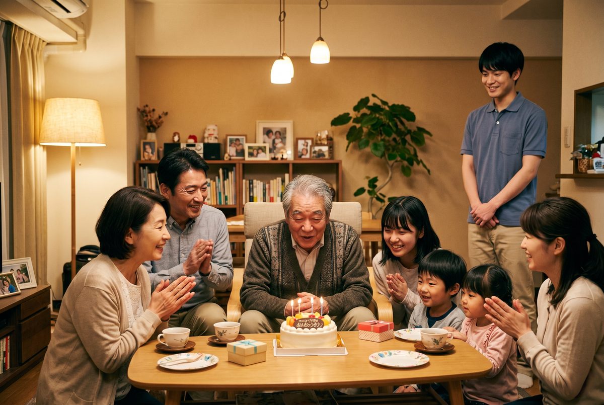 自宅で家族と誕生日を祝う高齢男性